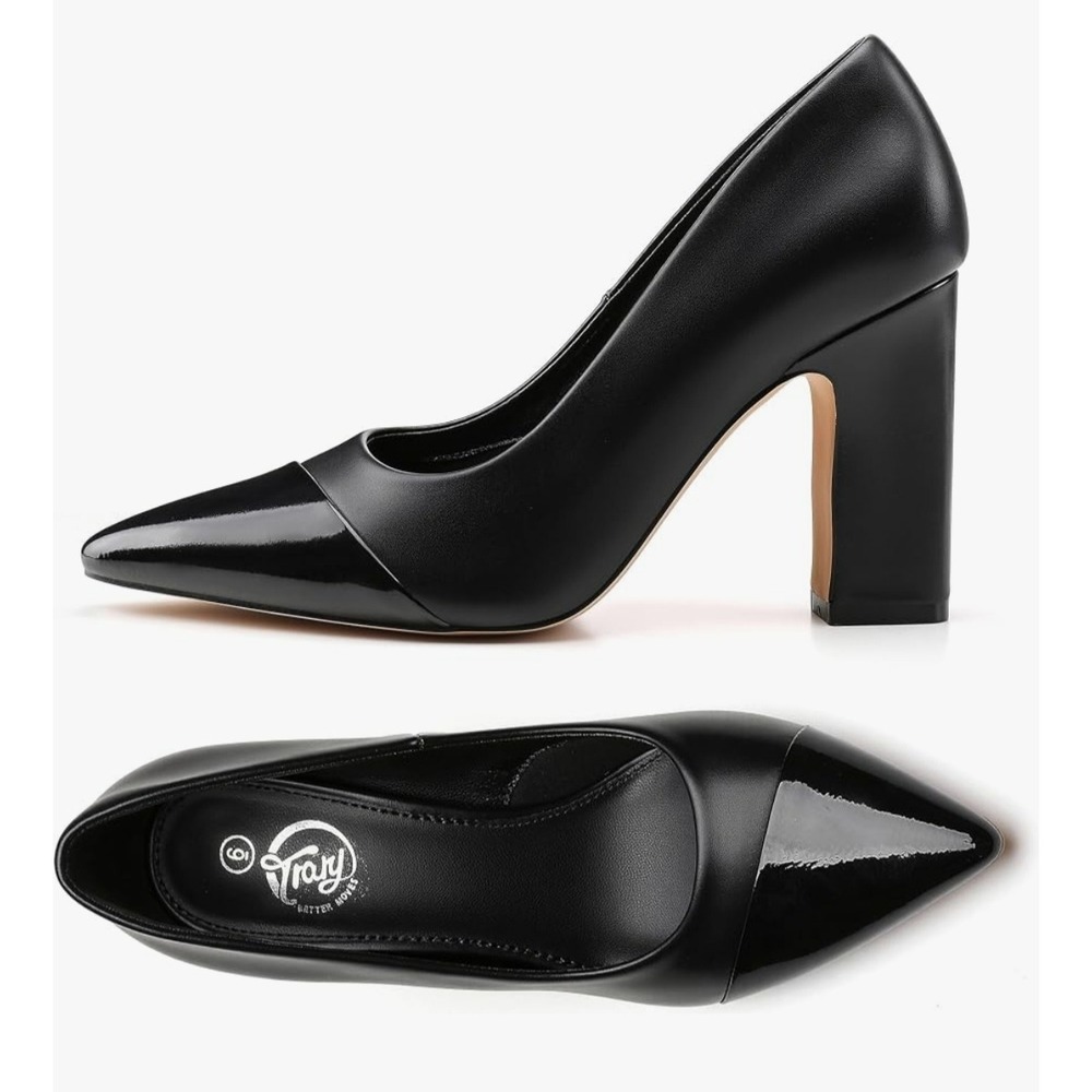 Trary Womens Black Pointed Toe Block Heel Pumps Patent Cap Toe Dress Shoes 7.5